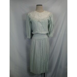 Vintage 80s Lanz Originals Sage Green Dress Large Lace Collar Cottagecore‎ Midi